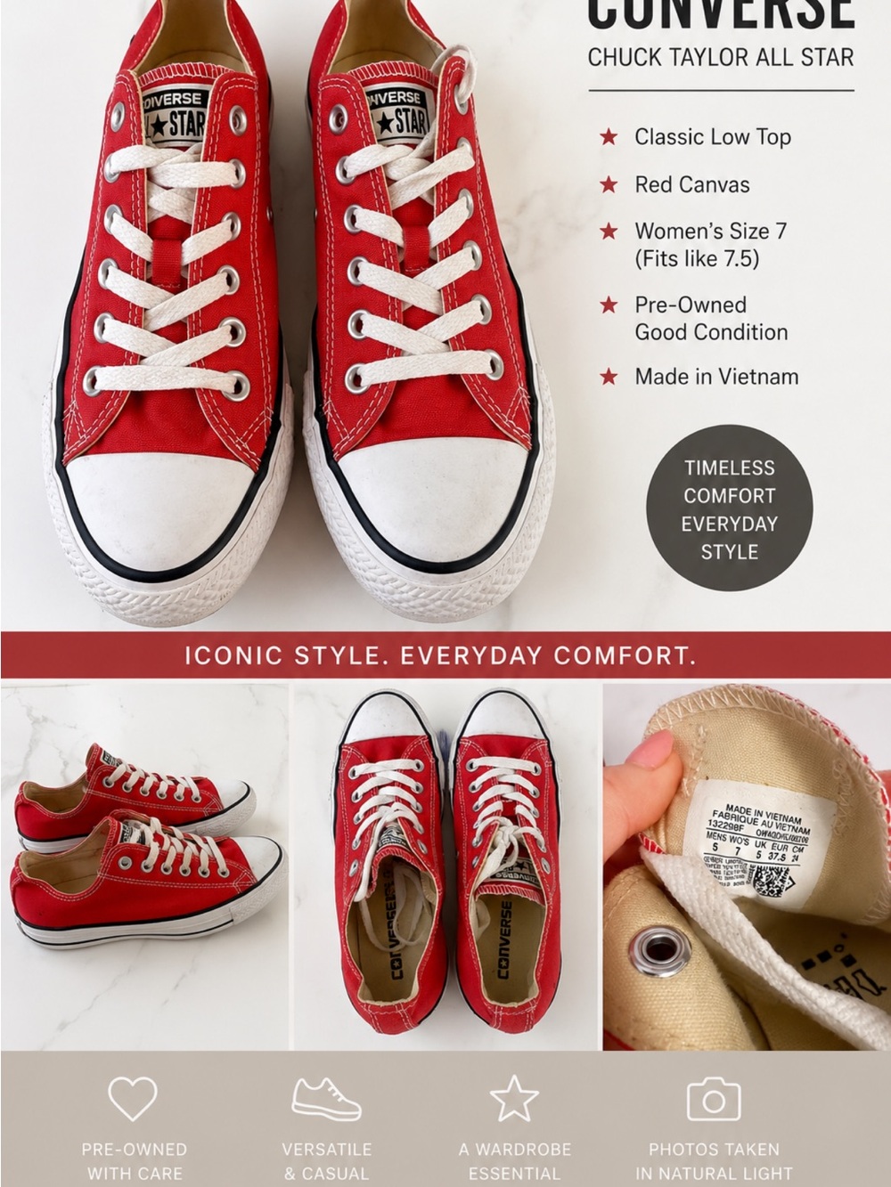 Converse Red Low Top Canvas Sneakers size 7